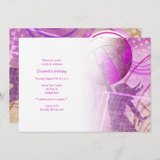 ピンクの女の子の誕生日バレーボールパーティの招待状 招待状 (正面/裏面)