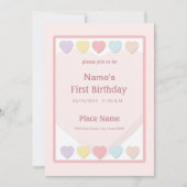 ピンクの女の子の誕生日 ハートの招待状 招待状 (正面)