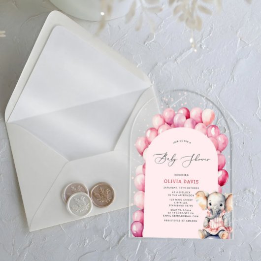 ピンクの女の子の象とバルーンベビーシャワー アクリル招待状