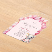 ピンクの女の子の象とバルーンベビーシャワー アクリル招待状 (レイダウン)