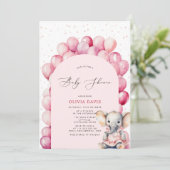 ピンクの女の子の象とバルーンベビーシャワー 招待状 (スタンド正面)