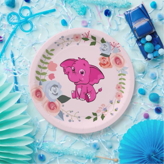 ピンクの女の子の象のフローラ赤ちゃんシャワー ペーパープレート (パーティー)