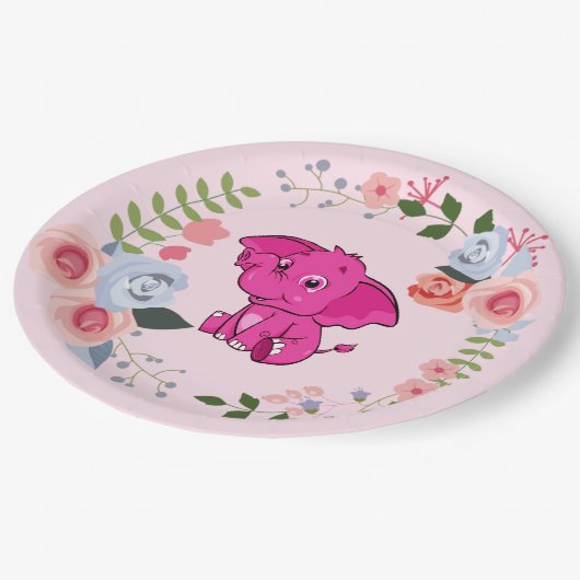 ピンクの女の子の象のフローラ赤ちゃんシャワー ペーパープレート (アングル)