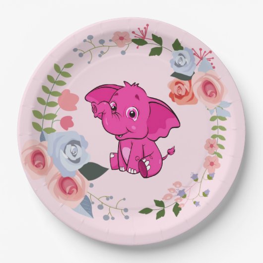 ピンクの女の子の象のフローラ赤ちゃんシャワー ペーパープレート (正面)