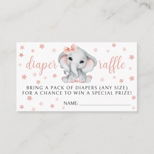 ピンクの女の子の象の赤ちゃんシャワーおむつラッフルカード エンクロージャーカード (正面)