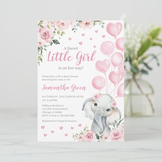 ピンクの女の子の象の赤ちゃんシャワー 招待状 (スタンド正面)