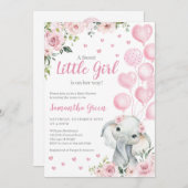 ピンクの女の子の象の赤ちゃんシャワー 招待状 (正面/裏面)