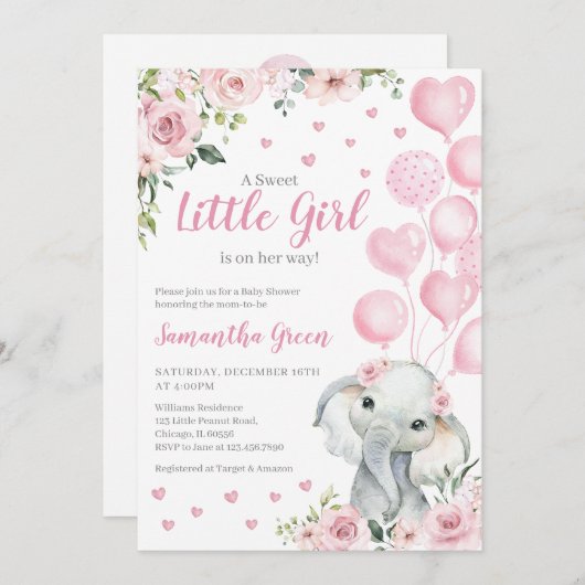 ピンクの女の子の象の赤ちゃんシャワー 招待状 (正面/裏面)