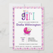 ピンクの女の子の赤ちゃんのベビーカー ポルカドット柄 招待状 (正面)