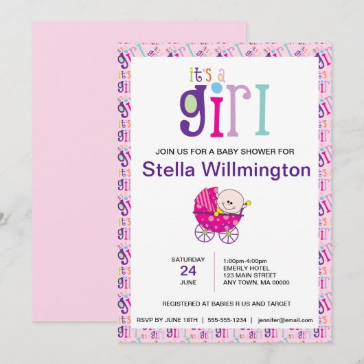 ピンクの女の子の赤ちゃんのベビーカー ポルカドット柄 招待状 (正面/裏面)