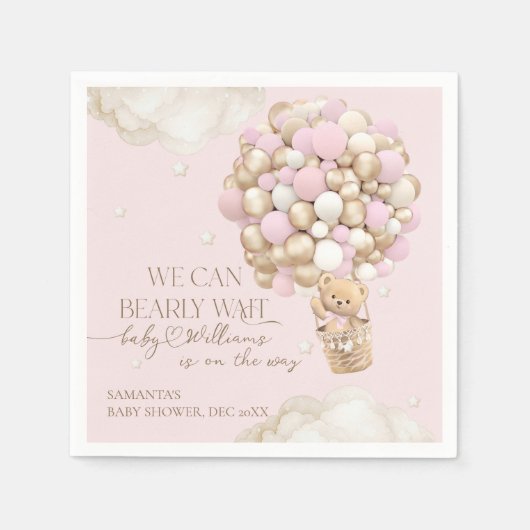 ピンクの女の子の赤ちゃんシャワーを待つことができる スタンダードカクテルナプキン (正面)