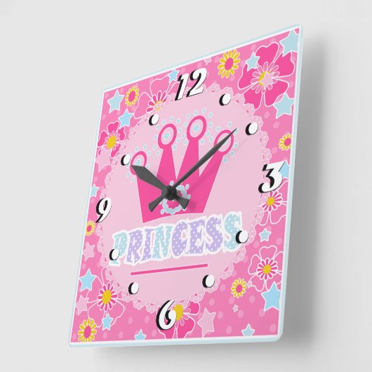 ピンクの女の子の赤ちゃんシャワープリンセスクラウンフローラ スクエア壁時計 (傾斜)