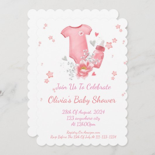 ピンクの女の子の赤ちゃんシャワー招待状 セーブザデート (正面/裏面)