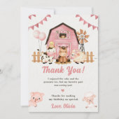 ピンクの女の子の農場の動物の誕生日お礼カード 招待状 (正面)