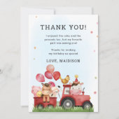 ピンクの女の子の農場の動物の誕生日お礼カード 招待状 (正面)