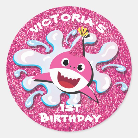 ピンクの女の子の鮫のグリッターのステッカー ラウンドシール (正面)