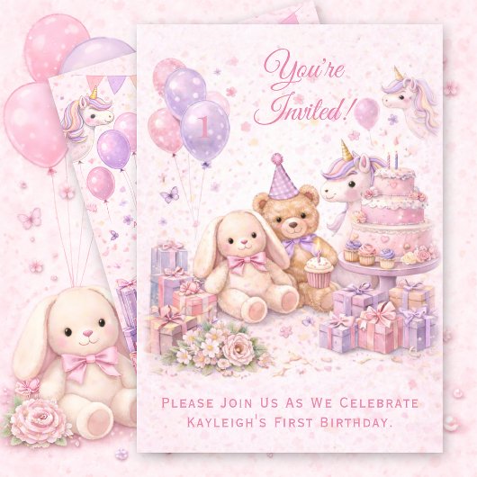 ピンクの女の子の1歳の誕生日パーティー | 招待状