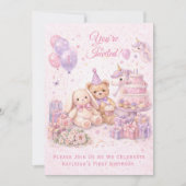 ピンクの女の子の1歳の誕生日パーティー | 招待状 (正面)