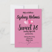 ピンクの女の子の16歳の誕生日パーティー招待状 ハート 招待状 (正面)