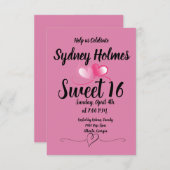ピンクの女の子の16歳の誕生日パーティー招待状 ハート 招待状 (正面/裏面)