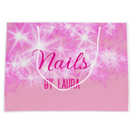 ピンクの女の子らしいパステルグリッターのネイルに名前とウェブサイトを追加 ラージペーパーバッグ