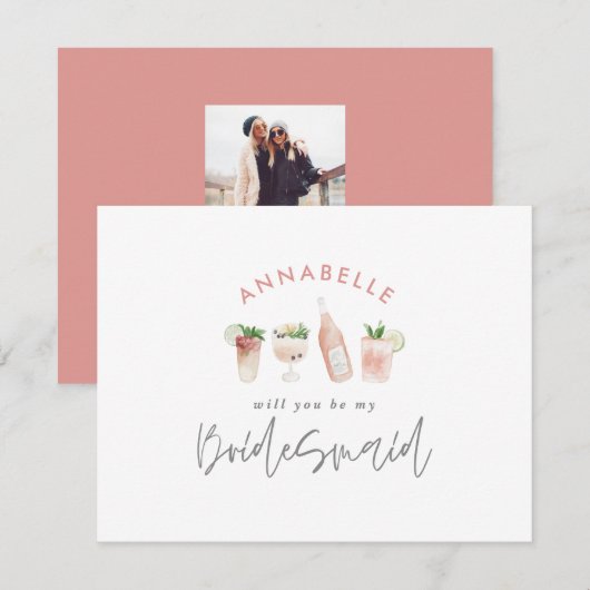 ピンクの女の子らしい水彩画の飲み物が描かれたウェディングパーティーのお誘いカード 招待状 (正面/裏面)