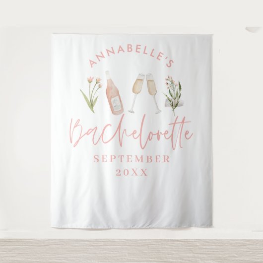 ピンクの女の子らしい花柄のシャンパン おしゃれな独身最後の夜 タペストリー (正面)