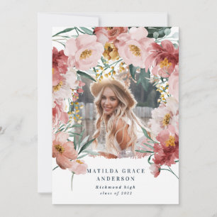 ピンクの女の子らしい花柄の写真を使った卒業発表のお知らせ 招待状