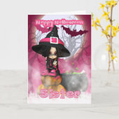ピンクの女の子らしい魔法使いを持つ姉妹ハロウィン カード (黄色い花)