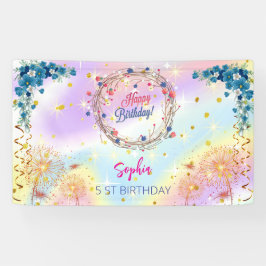 ピンクの女の子を歓迎フローラ水彩の誕生日パーティー 横断幕