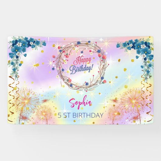 ピンクの女の子を歓迎フローラ水彩の誕生日パーティー 横断幕 (横)