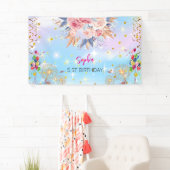 ピンクの女の子を歓迎フローラ水彩の誕生日パーティー 横断幕 (インサイチュ)