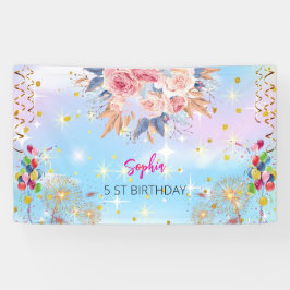 ピンクの女の子を歓迎フローラ水彩の誕生日パーティー 横断幕