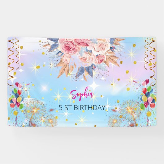 ピンクの女の子を歓迎フローラ水彩の誕生日パーティー 横断幕 (横)