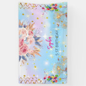 ピンクの女の子を歓迎フローラ水彩の誕生日パーティー 横断幕 (縦)
