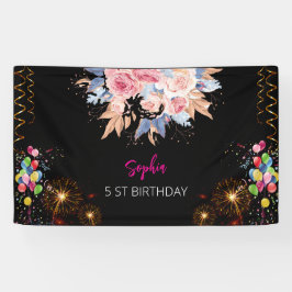 ピンクの女の子を歓迎フローラ水彩の誕生日パーティー 横断幕