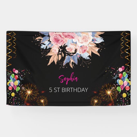 ピンクの女の子を歓迎フローラ水彩の誕生日パーティー 横断幕 (横)