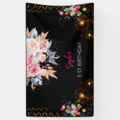 ピンクの女の子を歓迎フローラ水彩の誕生日パーティー 横断幕 (縦)