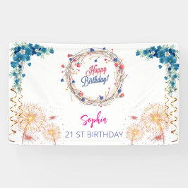 ピンクの女の子を歓迎フローラ水彩の誕生日パーティー 横断幕