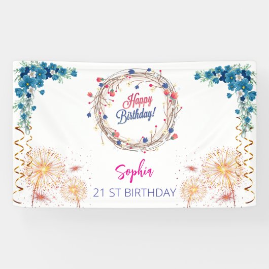 ピンクの女の子を歓迎フローラ水彩の誕生日パーティー 横断幕 (横)