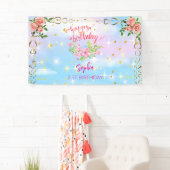 ピンクの女の子を歓迎フローラ水彩の誕生日パーティー 横断幕 (インサイチュ)