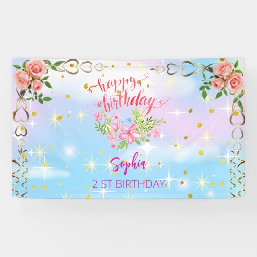 ピンクの女の子を歓迎フローラ水彩の誕生日パーティー 横断幕 (横)