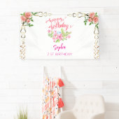 ピンクの女の子を歓迎フローラ水彩の誕生日パーティー 横断幕 (インサイチュ)