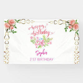 ピンクの女の子を歓迎フローラ水彩の誕生日パーティー 横断幕