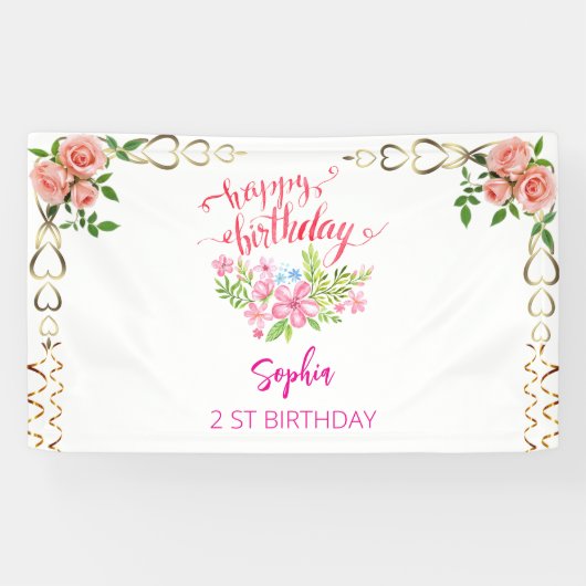 ピンクの女の子を歓迎フローラ水彩の誕生日パーティー 横断幕 (横)