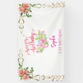 ピンクの女の子を歓迎フローラ水彩の誕生日パーティー 横断幕 (縦)