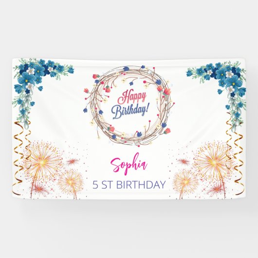 ピンクの女の子を歓迎フローラ水彩の誕生日パーティー 横断幕 (横)