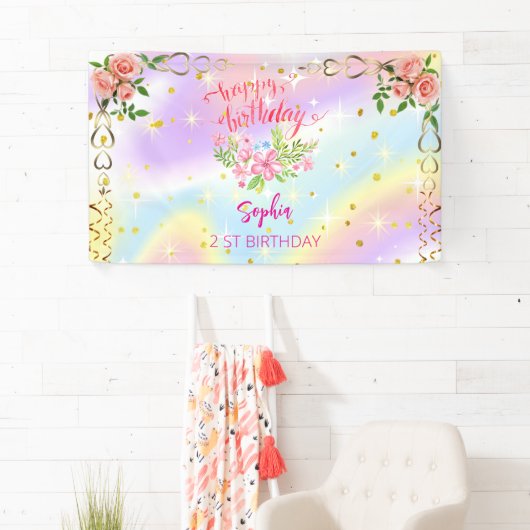 ピンクの女の子を歓迎フローラ水彩の誕生日パーティー 横断幕 (インサイチュ)