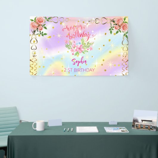 ピンクの女の子を歓迎フローラ水彩の誕生日パーティー 横断幕 (トレードショー)