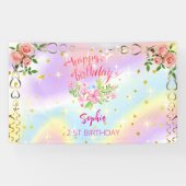 ピンクの女の子を歓迎フローラ水彩の誕生日パーティー 横断幕 (横)
